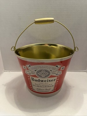 Budweiser Beer Classic Red White Blue Metal Ice Bucket with Handle Gold Inside