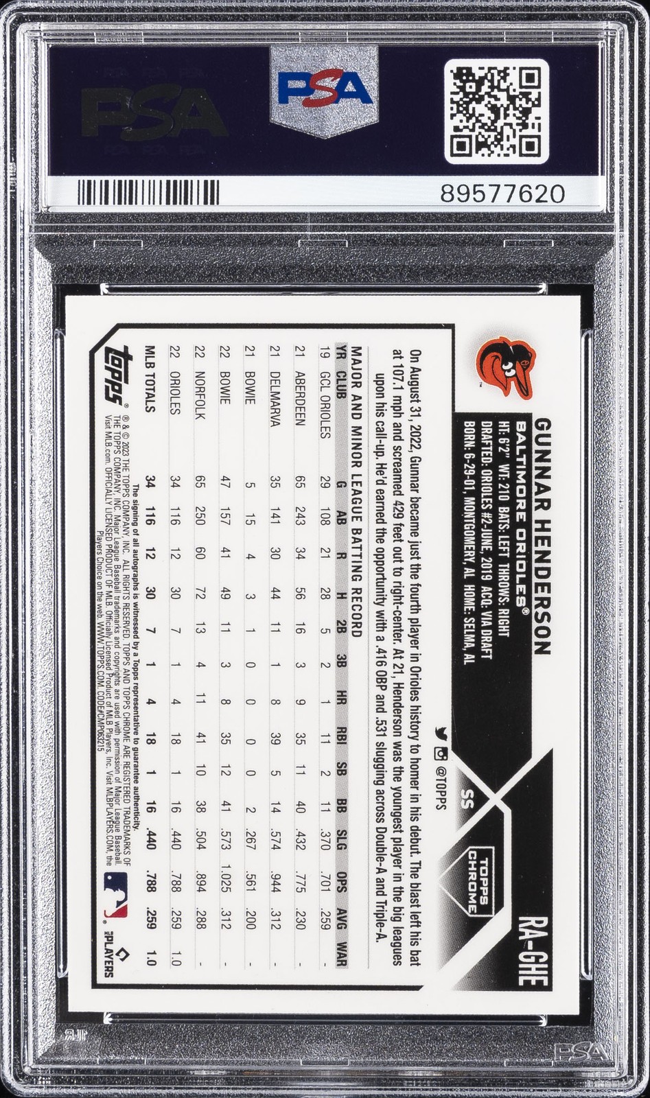 2023 TOPPS CHROME ROOKIE AUTO ORANGE REFRACTOR GUNNAR HENDERSON RC 4/25 PSA 9 view 2