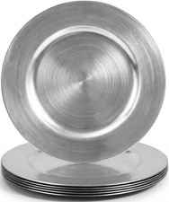 Silver Round Plastic Charger Plates 13 Inch Wedding Party Table Decor 6 PCS