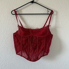 Stunning Red Burgundy Sheer Floral Lace embroidery Corset Fits best women s M