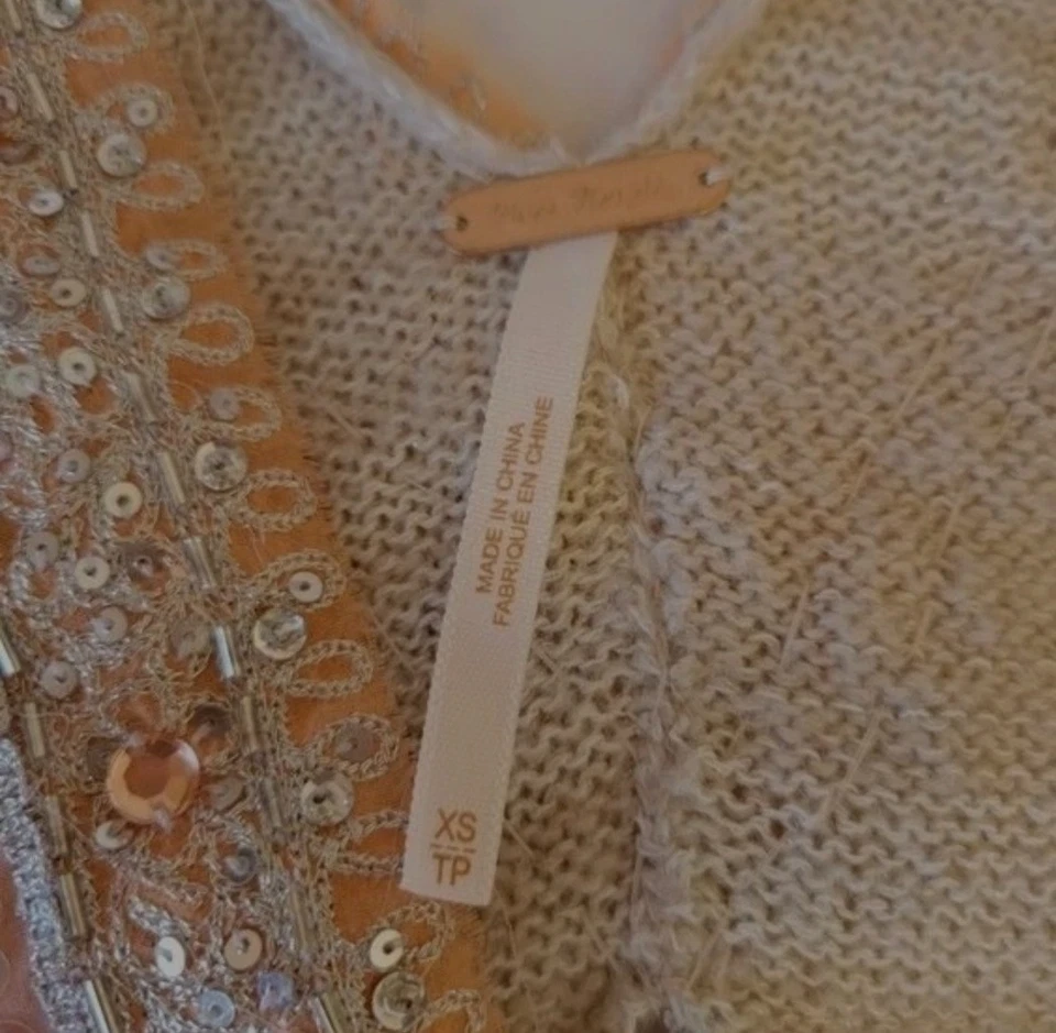 Free People V 领米色亮片针织毛衣迷你连衣裙 XS 波西米亚 Lagenlook — 第 4/4 张图片