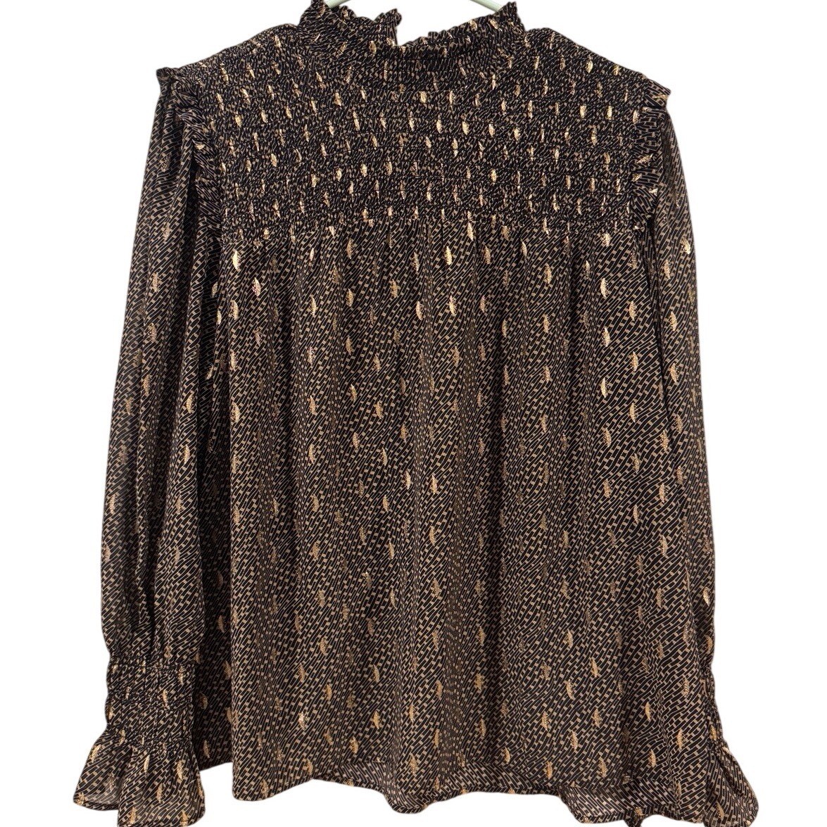 Elan Blouse Women's  Size Small Black Gold Chiffon Long Sleeve Smocked Ruffled