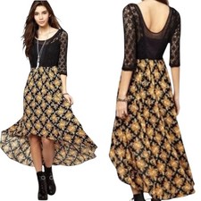 Free People Lonesome Dove High Low Floral Lace Black Yellow Boho Dress Size 0