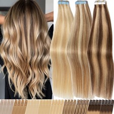Tape In Skin Weft Highlight Remy Real Human Hair Extensions Full Head 150G THICK