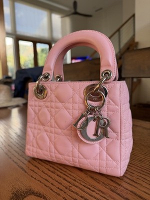 Dior Lady Dior Mini Pink Quilted Logo Charm Gold Hardware Top