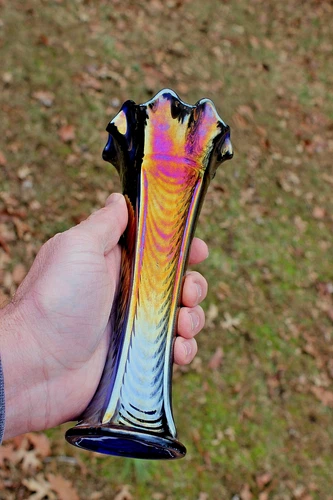 ANTIQUE NORTHWOOD DRAPERY VARIANT CARNIVAL GLASS VASE - BLUE