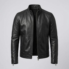 Men's Black Leather Biker Jacket Real Lambskin Cafe Racer Motorcycle Zip Up Coat