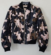 Topshop Women's Feminine Camouflage Bomber Jacket 4 Satin Camo Pockets Zip Front