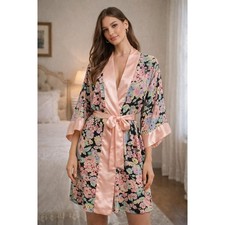 Victoria Secret Kimono Robe Women One Size Floral Pink Satin Trim Gold Label Vtg