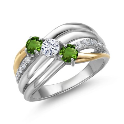 925 Silver and 10K Yellow Gold Green Tourmaline and Moissanite and Lab Grown