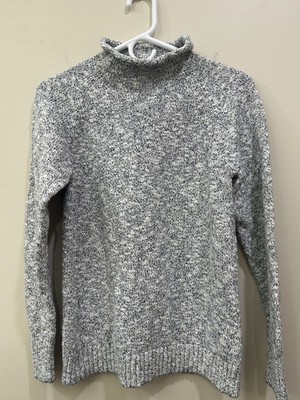 LL Bean Women's Cotton Ragg Sweater Roll Neck Marled Black White Small