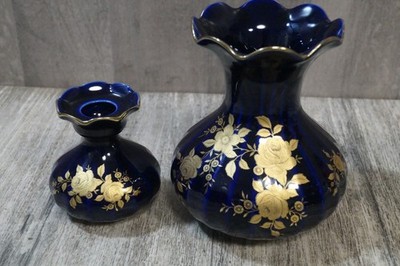 2x Wunsiedel Bavaria Porzellan Vase Echt Kobalt, goldene Blumen