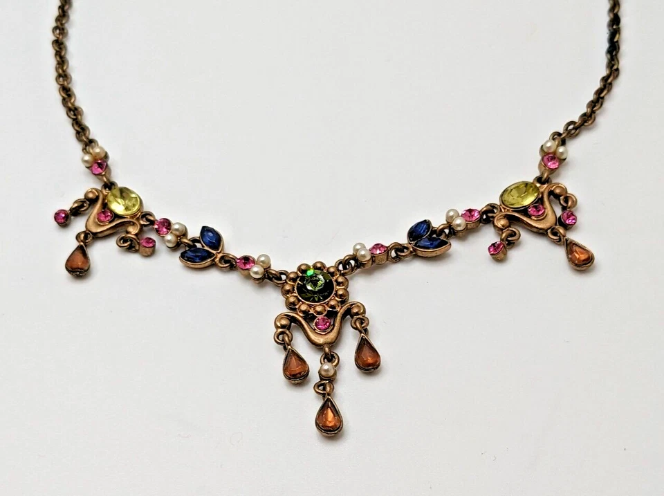 Avon NR винтажный бронзового тона ожерелье пастельные многоцветные стразы ошейник 17» - Изображение 2 из 4
