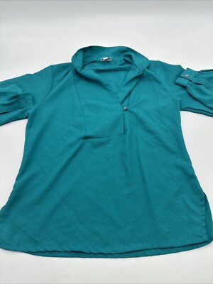 Campus Casuals Blouse Women Small Green Solid Button ..#19551