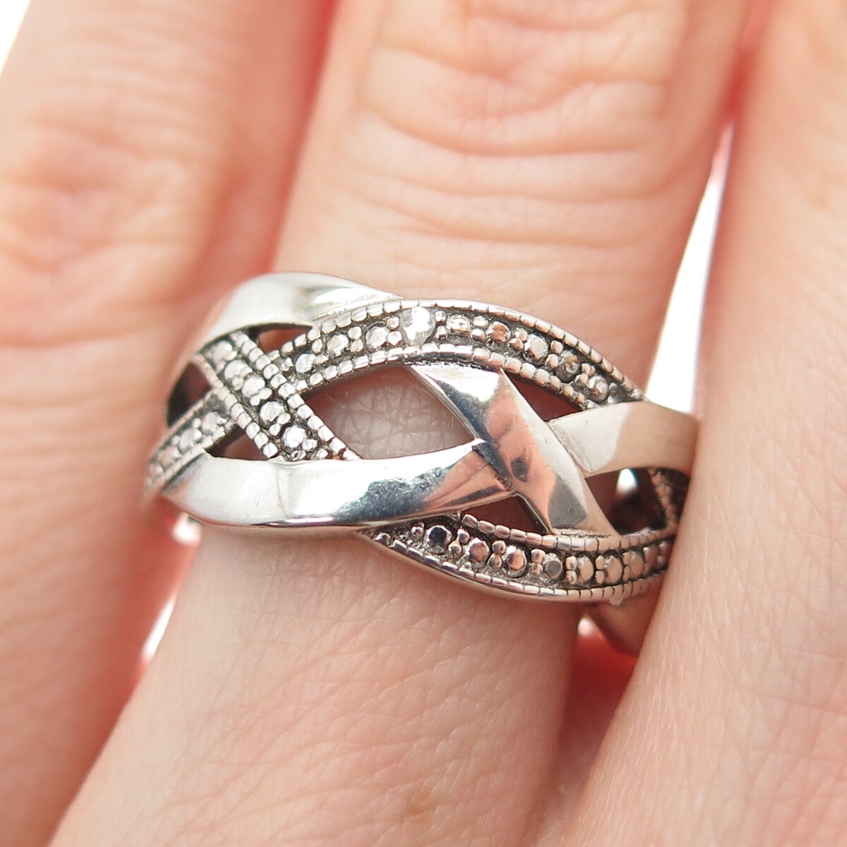 DBJ DEE BERKLE 925 Sterling Silver Real Diamond Accent Woven Ring 