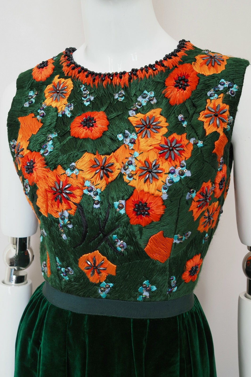 HOBBY Milano stunning vtg dress emerald green velvet orange hand beaded UK8-10 image 5