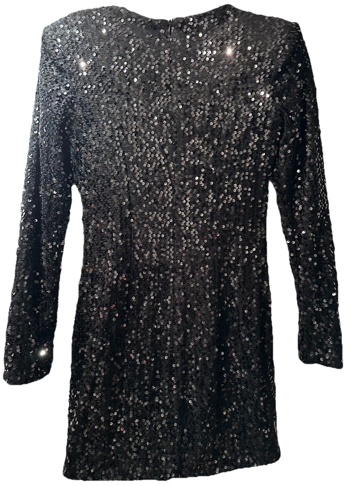 Vestido corto/top largo de lentejuelas negro manga larga talla pequeña boda fiesta disfraz Foto 2 de 2