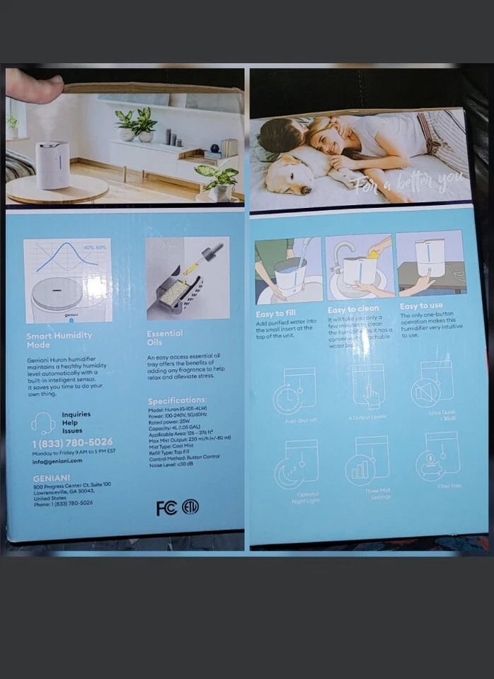 Geniani Aromatherapy Humidifier 4L Capacity Ultrasonic Cool Mist Technology New - Image 2 of 3