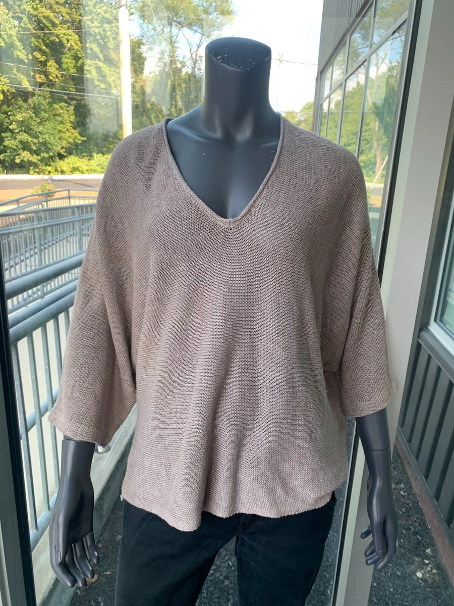 POETRY 100 Linen V Neck Dolman Sleeve Knit Sweater Grey Taupe Size 8 NWT