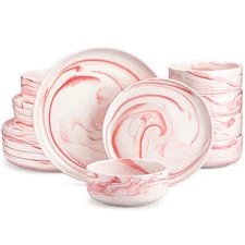 MALACASA 18-Piece Porcelain Dinnerware Set Marble Pink Round Bowl and Plate Set