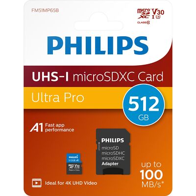 Philips Micro SDXC Karte 512GB Speicherkarte Ultra Pro UHS-I U3 V30 A1 Class 10