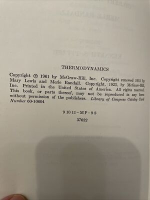 Thermodynamics 2nd Edition 1961 By Gilbert Newton Lewis & Merle