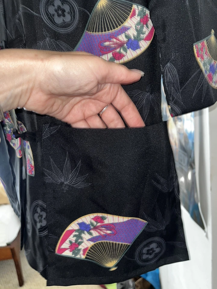 New Kimo’s Polynesian Shop 1960s 70s Hawaiian kimono robe black Asian Fans-Sz 14 - Image 4 of 4