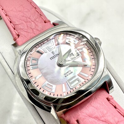 Festina Watch Women 34mm Silver Tone Oval Pink MOP Dial Leather Band New  Battery