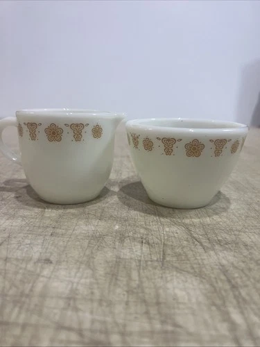 Vintage Pyrex Butterfly Gold Cream and Sugar Bowl Set Milk Glass 1960's - 1970's
