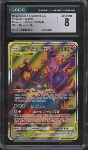 2019 Pokémon Ultra Rare Holo #223 Naganadel & Guzzlord GX NM-MT CGC 8