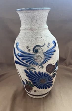 Vintgage Folk Art Tonala Pottery Mexico 10 1/2" Vase with Flying Bird Signed