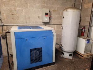 industrial air compressor with dryer and tank used - needs tune up