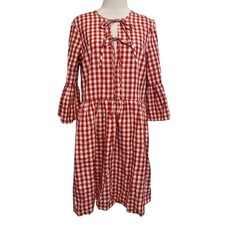 ASOS Tie Front Babydoll Dress Womens Size 12 Red White Gingham Bell Sleeves