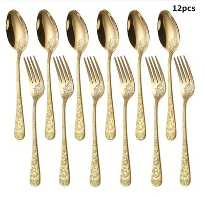 12 Stück Design Edelstahl Gold Löffel & Gabel Set - Perfekt für Zuhause Küche 