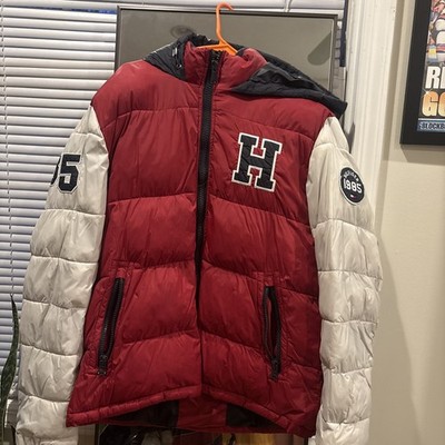 Tommy Hilfiger Puffer Jacket Men s M Hooded Logo Varsity Red White Coat