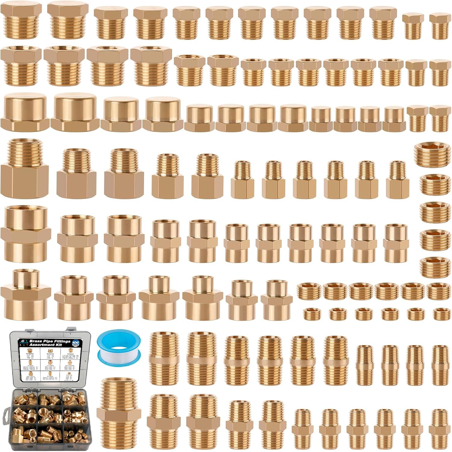 106PCS Brass Pipe Fittings Assortment Kit,1/8" 1/4" 3/8" 1/2" NPT