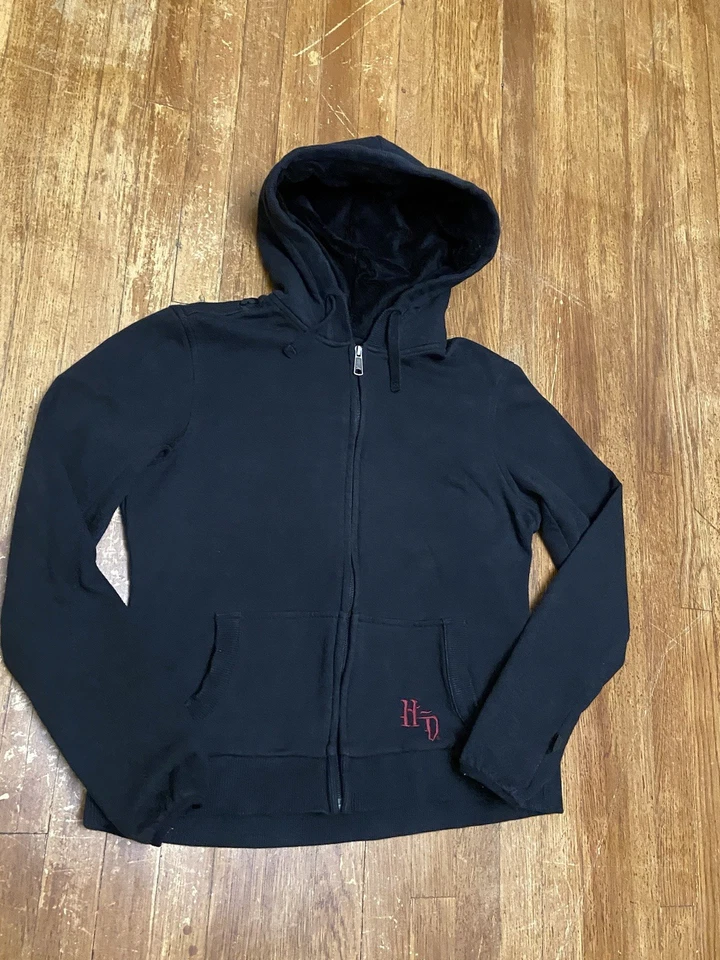 Vintage Y2K Harley Davidson Embroidered Black Full Zip Sweatshirt Grunge Large - Image 3 of 4