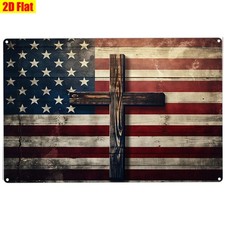 Distressed Religious Metal Sign USA Flag Cross 4th of July Patriotic Home Decor