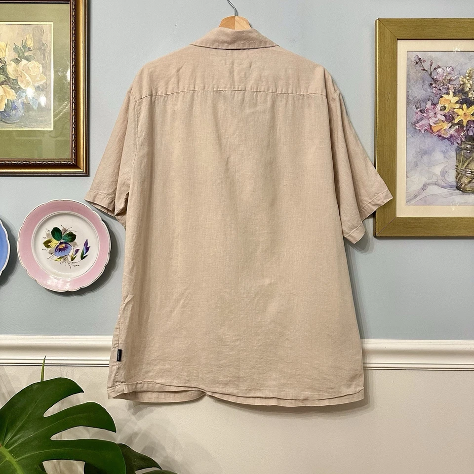 Mens Linen Button Down Shirt XL Beach Tan Casual Neutral Tropical Resort Travel - Image 4 of 4