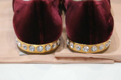 MiuMiu Red Velvet Crystal Heel Embroidered Vamp Loafer Flat Shoes