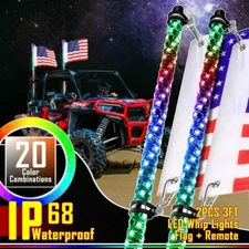 2Pcs 3FT RGB Spiral LED Whip Lights Antenna Chase + Flag&Remote for ATV UTV
