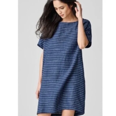 Eileen Fisher Organic Linen Scoop Neck Stripe Tunic Shift Dress Blue XS  $298 | eBay