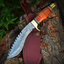 12” Custom Handmade hunting Kukri Knife Damascus steel Tactical Leather handle