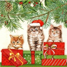 SERVIETTES EN PAPIER CHAT CHATON A NOEL. PAPER NAPKINS CAT KITTEN CHRISTMAS XMAS