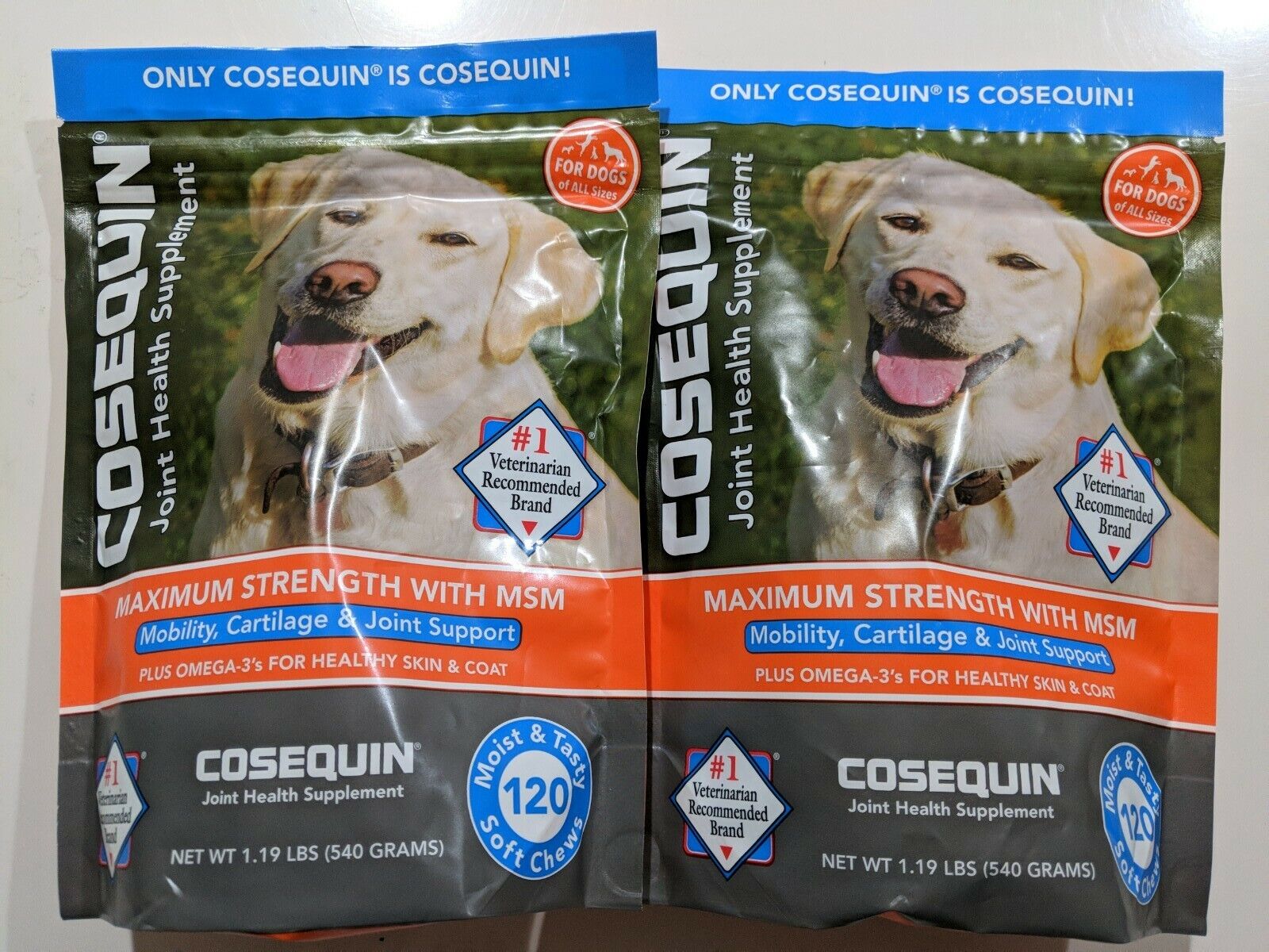 (2) Cosequin Maximum Strength MSM Dogs All Sizes 120 Chews Joint Support 06/23