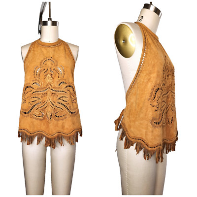 Ermanno Scervino LEATHER Top Cut Out Design Fringes Halter Festival Italy XS S