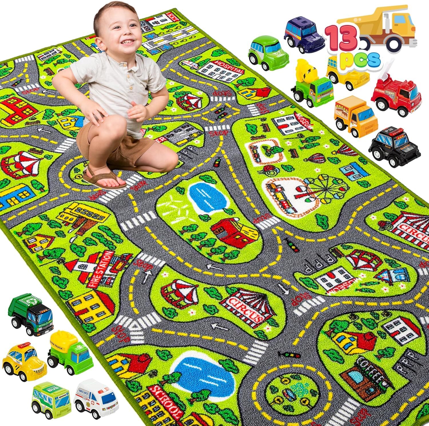 JOYIN Kids Play Rug with 12 Pull-Back Vehicles - Durable Carpet Playmat for Children
