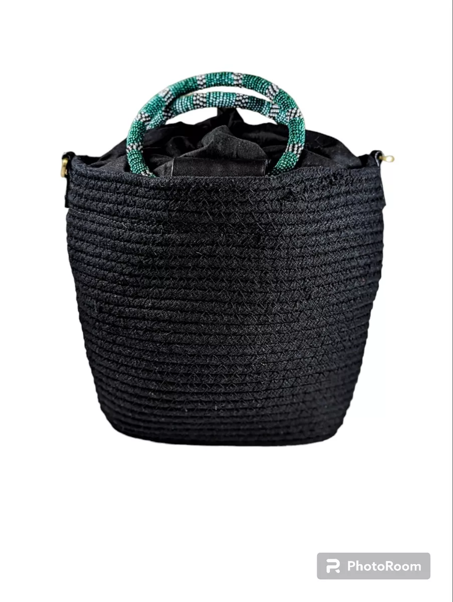 Elizabeth and James Drawstring Black Bucket Bag Purse With Beaded