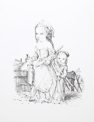 Léonard Tsuguharu Foujita, Two Young Girls, Lithograph, signed in