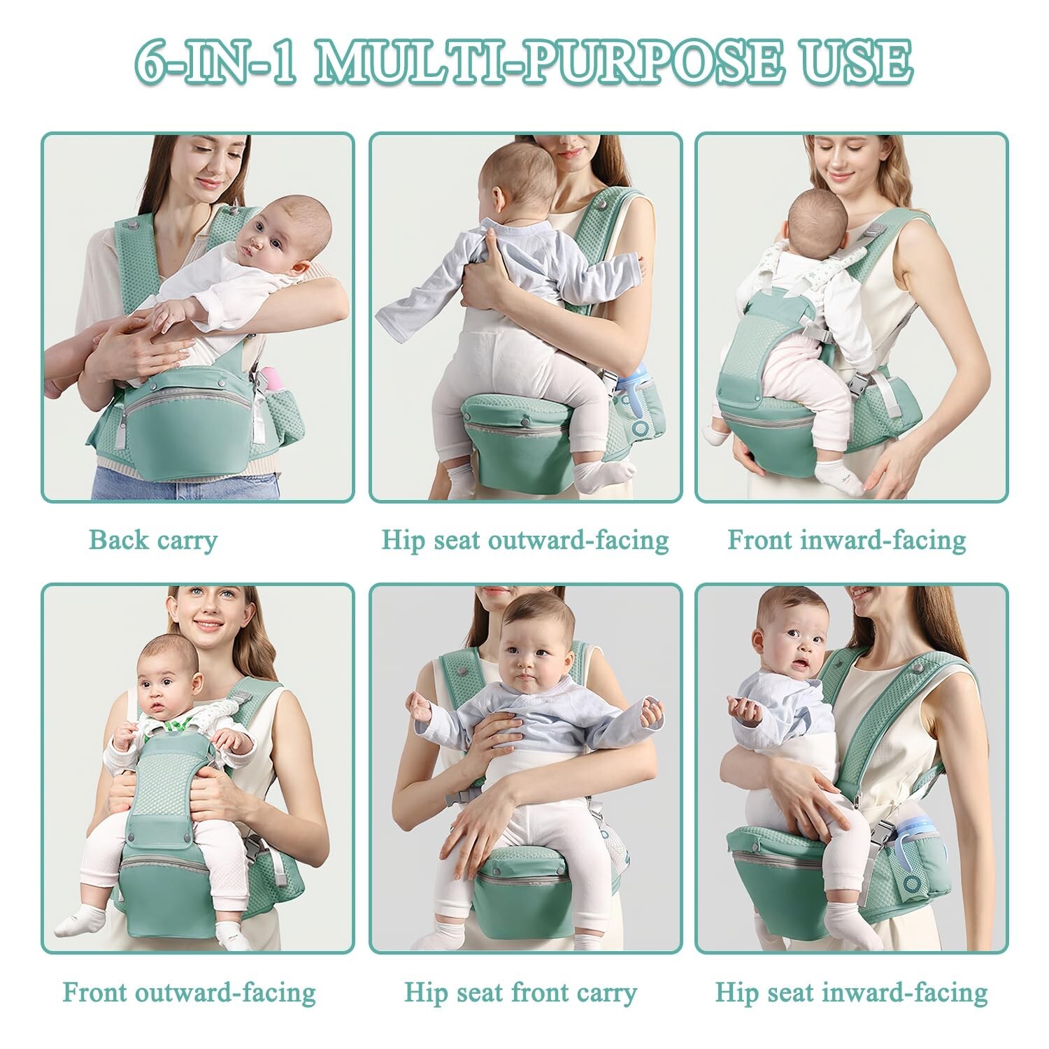 Baby Carrier with Hip Seat, 6 in1 Baby Carrier Newborn to Toddler, Breathable-image